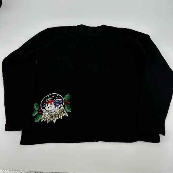 VINTAGE Christmas Sweater Snowglobe Snowflake Zip Up Cotton Medium Ugly Black - Picture 7 of 9